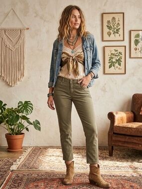 Paige Olive Army Green Stretch Twill Ankle Pants 28